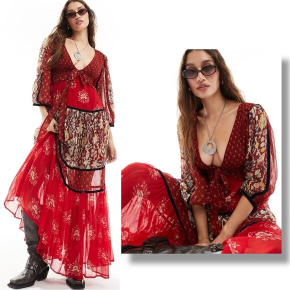 Free People Bohemian Gypsy Witchy Bali Laurel Maxi Dress Large Patchwork 70s - Picture 3 of 16